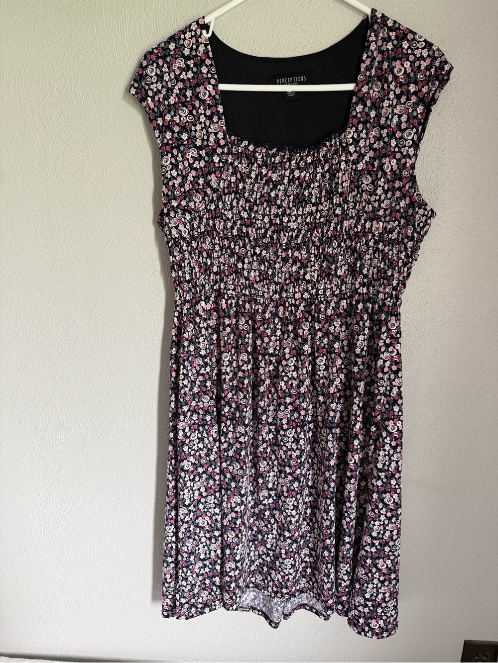 Perceptions Navy Blue Floral Dress with Smocked Top